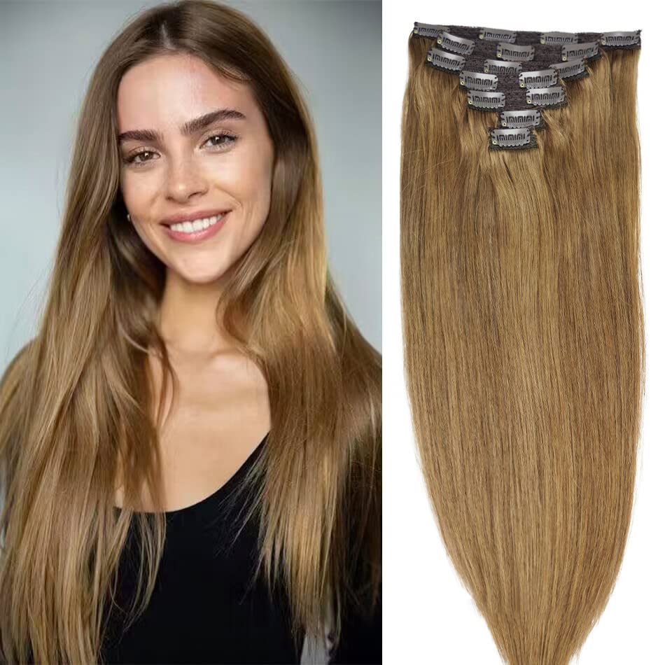14'' Clip In Human Hair Extensions Full Head 110G 7 Pieces 16 Clips 8# Light Brown Double Weft Brazilian Real Remy Hair Extensio