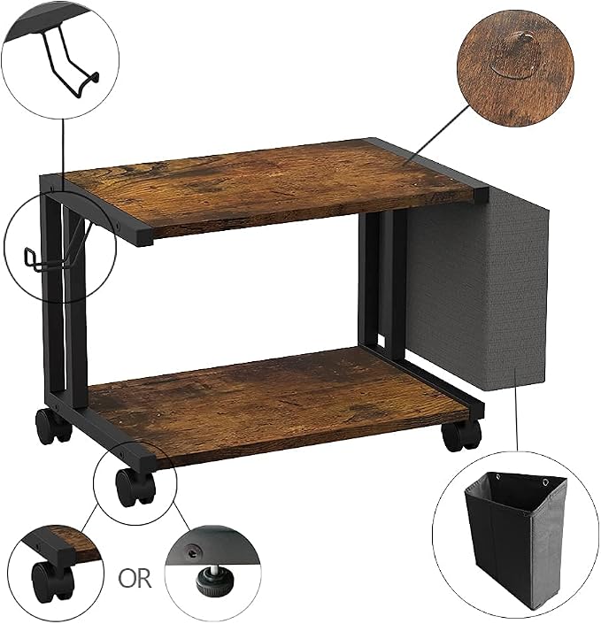 VEDECASA 2 Tier Rustic Brown Wooden Under Desk Printer Stand