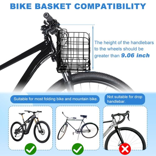 NINEFOX Folding Bike Front Basket with Removable Liner Bag, Black, Steel + Oxford Cloth, Handlebar/Rack Mount, 13.39x7.87x9.06inch, 20kg Capacity