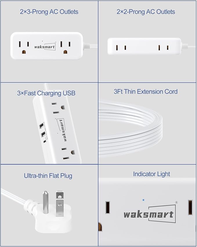 Flat Plug Extension Cord 3 Feet with 4 AC Outlets 3 USB Ports (5V/3.4A 17W), Flat Plug Power Strip Compact for College Dorm, Travel, Home, White