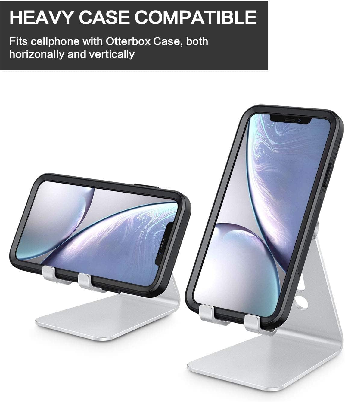 OMOTON Adjustable Cell Phone Stand - Aluminum Desktop Holder with Anti-Slip Base & Charging Port | Fits All Smartphones, Silver