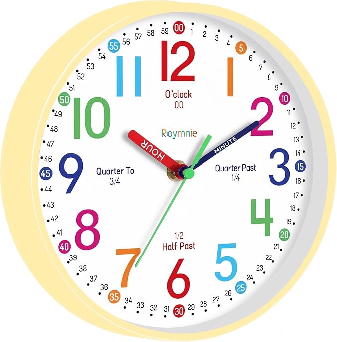 Roymnie Wall Clock 8 Inch for Kids Learning to Tell Time Easily Non Ticking