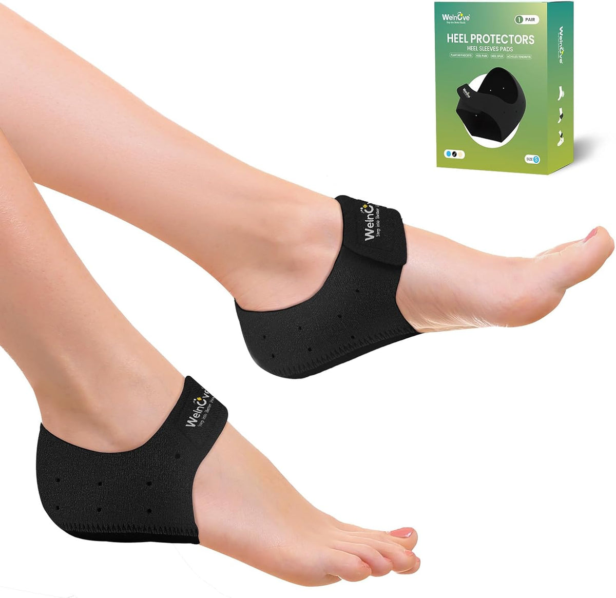 Welnove Gel Heel Protector Cups - Pain Relief Inserts for Plantar Fasciitis & Achilles Tendonitis | Black (W 4.5-9 / M 5-8)