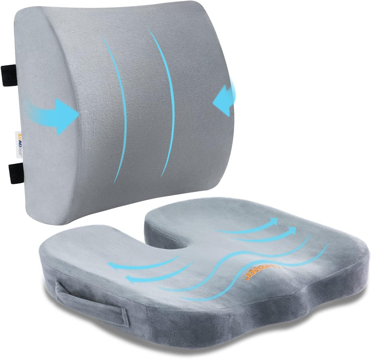 SAIREIDER Seat Cushion and Lumbar Support Pillow for Office Chair, Memory Foam Car Seat Cushions Back Support Pillows, Help Relieve Pain of Back, Lumbar, Tailbone and Sciatic Nerve(Black)
