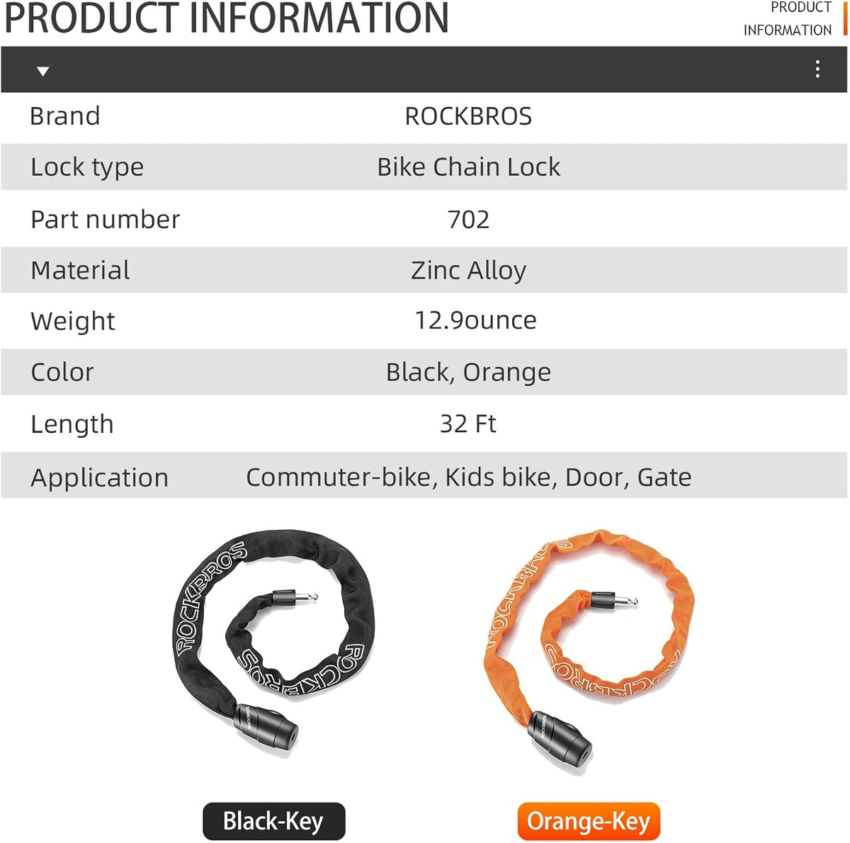 ROCKBROS Heavy-Duty Bike Chain Lock - 3 Ft Long, 5mm Thick, Cut-Proof Security with Key Set