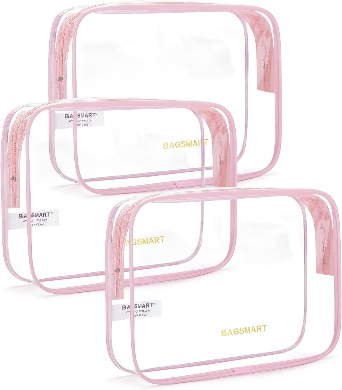 BAGSMART Clear Toiletry Bag with Handle 3-Pack TSA Approved, Pink