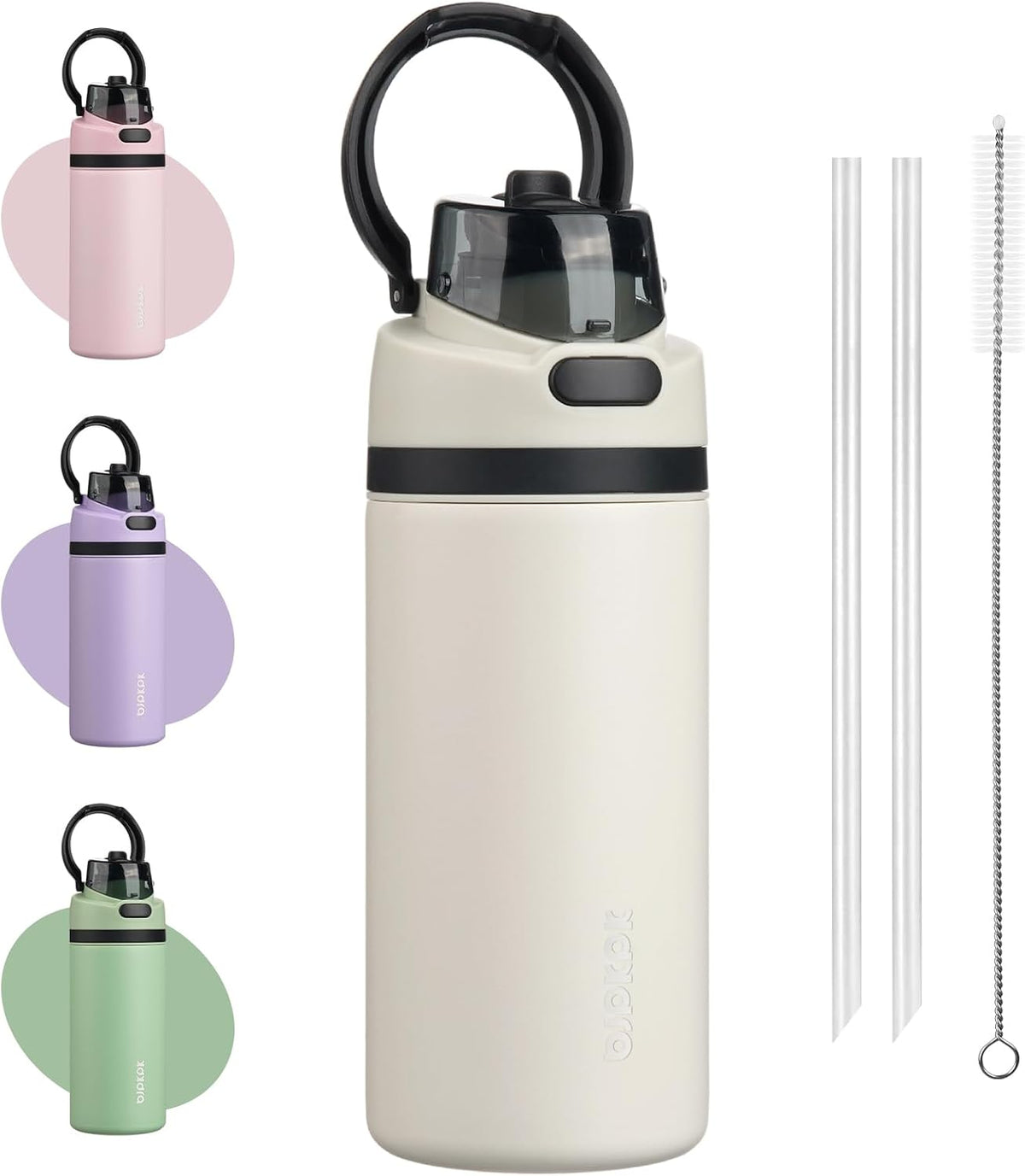 BJPKPK 25oz Insulated Water Bottle with 2-1 Straw Spout Lid, Stainless Steel Metal Water Bottles with Carry Handle, BPA Free, Leak-Proof, Fits in Car Cup Holder, Thermo for Sports,Beige