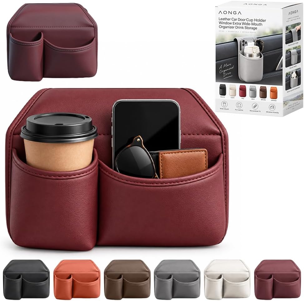 Leather Car Door Cup Holder Window Extra Wide-Mouth Organizer Drink Storage (Orange, S)
