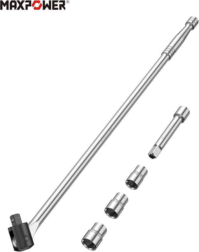 MAXPOWER 1/2-Inch Drive 24" Breaker Bar with 125mm Extension Bar, and 3- piece Sockets Including 17 mm, 19 mm, and 21 mm