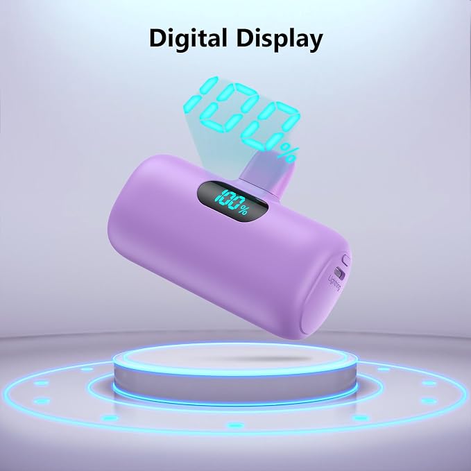 Mini Portable Charger for iPhone,Upgraded 5000mAh PD Fast Charging Battery Pack,LCD Display Cute Power Bank Portable Phone Charger for iPhone 14/14 Pro Max/13/13 Pro/12 Pro/11/XS/XR/X/8/7/6-Purple