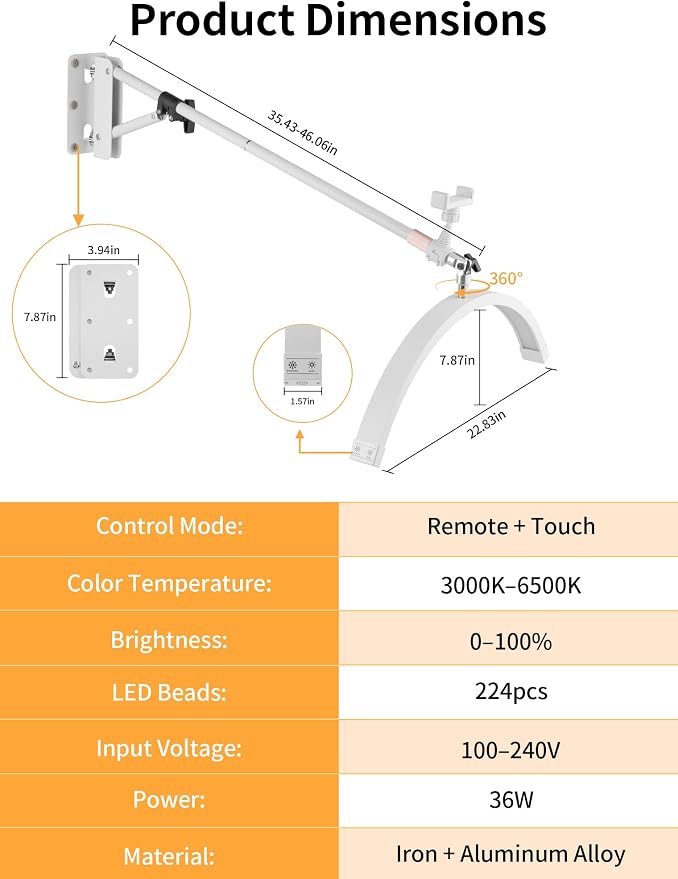 Meking Wall Mounted Half Moon Beauty Light, LED Hanging Lash Lamp, Dimmable