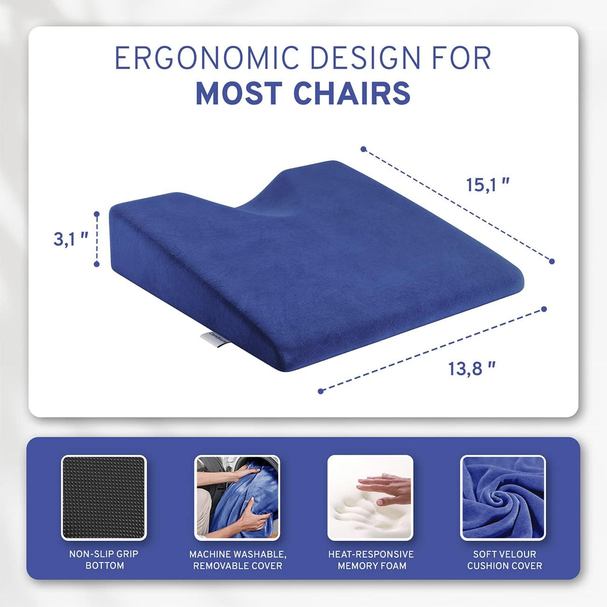 ComfySure Wedge Pillow for Office Chair Cushion and Car Seat Cushion - Medium Firm Memory Foam Seat Pad for Truck Seat, Gaming Chair - Orthopedic Support and Pain Relief for Tailbone and Hip