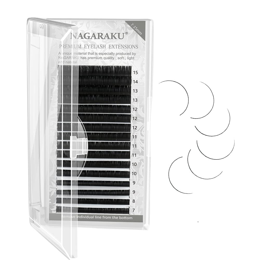 Nagaraku Eyelash Extensions Individual Lashes 0.10 Cc Curl 7-15Mm Mix Tray Classic Matte Black Soft Natural Faux Mink 16 Rows