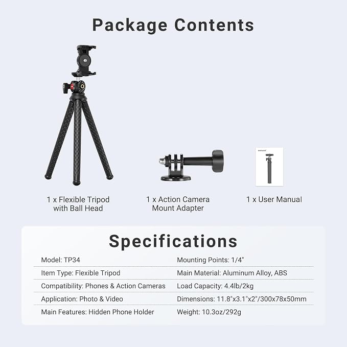 NEEWER Flexible Phone Tripod, Small Mini Camera Webcam Desk Stand, Phone Holder