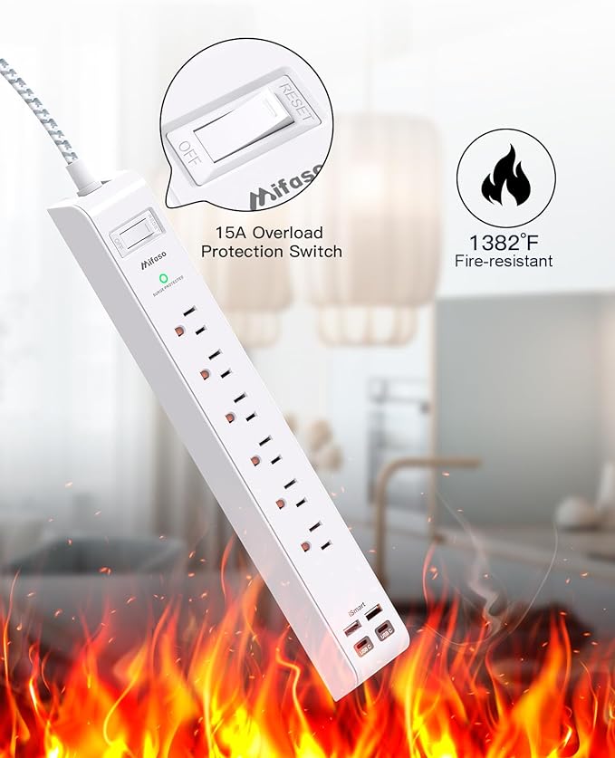 Surge Protector Power Strip - 6 Outlets 4 USB Charging Ports, 5Ft Braided Extension Cord, Flat Plug, Overload Protection, Wall Mount for Home Office, Dorm Room Essentials