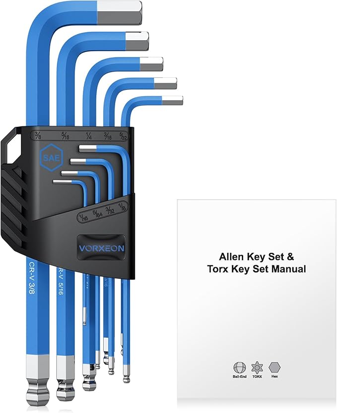 9 pcs SAE Hex Key Set 1/16 to 3/8 inch, Imperial Allen Wrench with Long Arm Ball and Flat End Visible coding for Bike Repair, Automotive and Home DIY