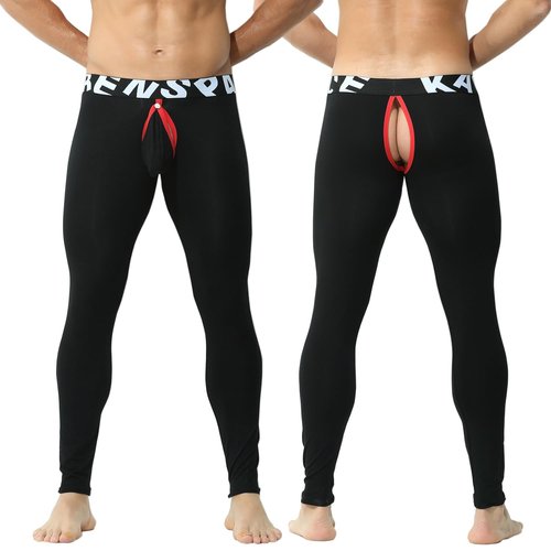 KAMUON Men’s Removable Pouch Long Johns Thermal Underwear Pants Bottom Leggings (US, Alpha, Large, Regular, Regular, Black)