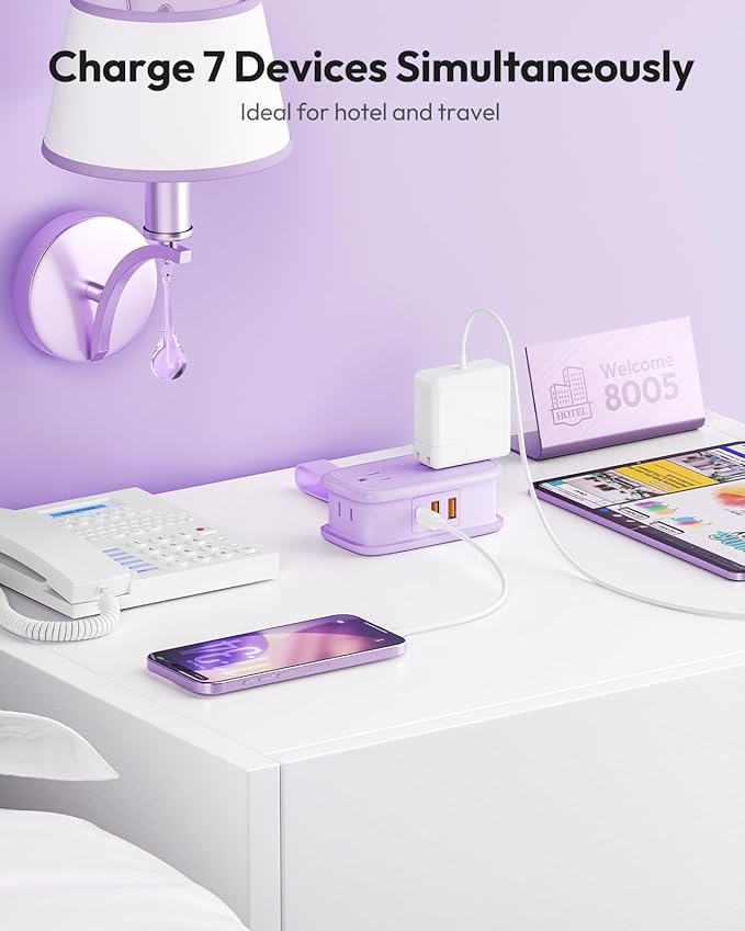 NTONPOWER 20W Purple Travel Power Strip, Travel Essentials 4 Outlets 3 USB(1 USB-C) with 4FT Wrapped Extension Cord Flat Plug, Vacation Essentials for Hotel Travel Camping Cruise Essentials 2026