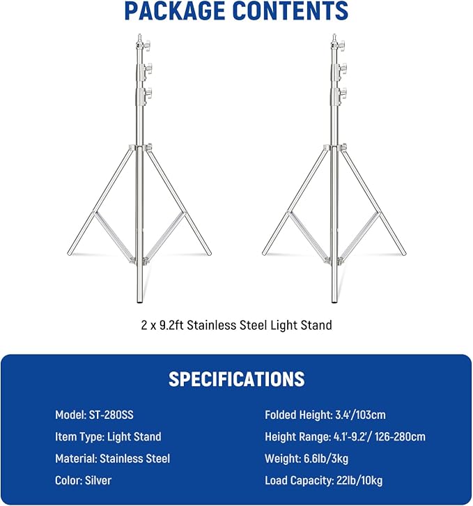 NEEWER 2Pcs 9.2ft Stainless Steel Light Stands, Spring Cushioned Heavy Duty