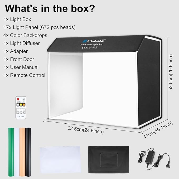 PULUZ Portable Photo Studio Light Box, 24.6"x16" Large Photo Box, Dimmable