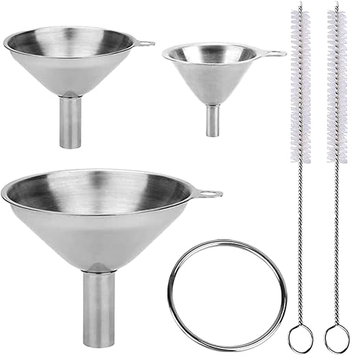 3-Piece Stainless Steel Kitchen Funnel Set for Filling Bottles, Food Grade, Versatile Sizes (Large, Medium, Small), Includes 2 Cleaning Brushes