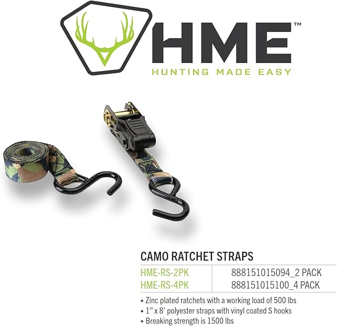 HME Durable Reliable Versatile Weather-Resistant Camouflage Ratchet 1500 lb Capacity 1' x 8' Tie-Down Straps - 2 Pack