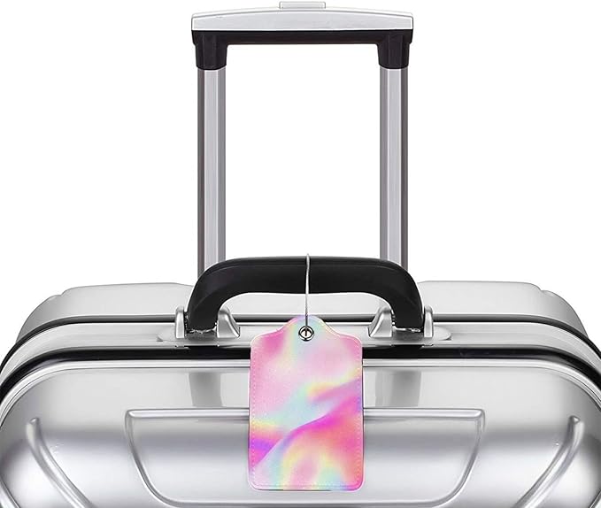 2Pcs Shining Pink Luggage Tags, Colorful Fancy Glittering Name ID Identifier Labels for Suitcase Baggage Travel Bag, Aesthetic Leather Bag Tags with Full Privacy Cover