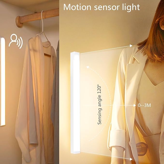 Under Cabinet Lighting 20 Inch, Rechargeable Motion Sensor Light with Stepless Dimming, Daylight White 6000K LED, USB-C Magnetic Closet Light for Kitchen, Stairs, Wardrobe (2 Packs)