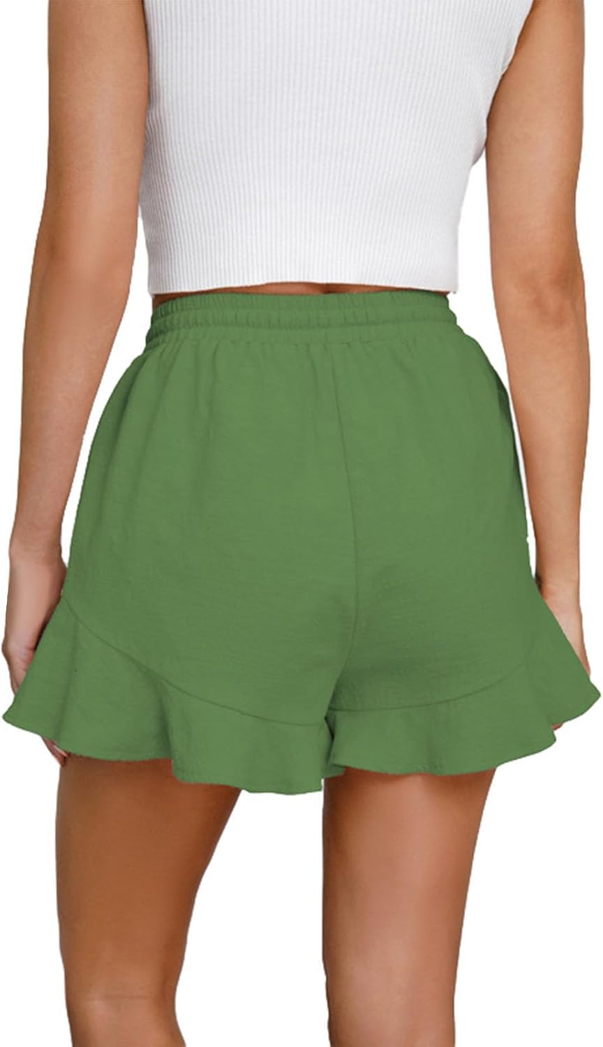 Skiennix Cotton Ruffle Athletic Shorts - High Waist, Stretchy Casual Summer Pants for Women