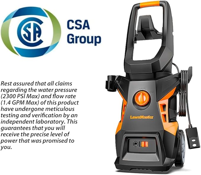 LawnMaster LT506-2000A Electric Pressure Washer 13 Amp 1.4 GPM 2300 Max PSI CSA Certified with Detergent Bottle