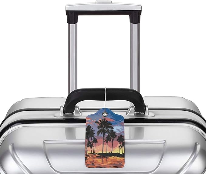 2Pcs Summer Palm Tree Luggage Tags, Beach Landscape Name ID Identifier Labels for Suitcase Baggage Travel Bag, Aesthetic Leather Bag Tags with Loop