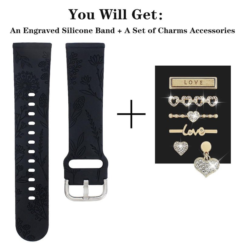 REALSIGN Floral Engraved Band and Decorative Ring Loops Compatible with Fitbit Versa 3/Versa 4/Sense/Sense 2 Bands Women,Stylish Silicone Band with Bling Cute Stud Charms Pendant Strap (Love Gold/Black)