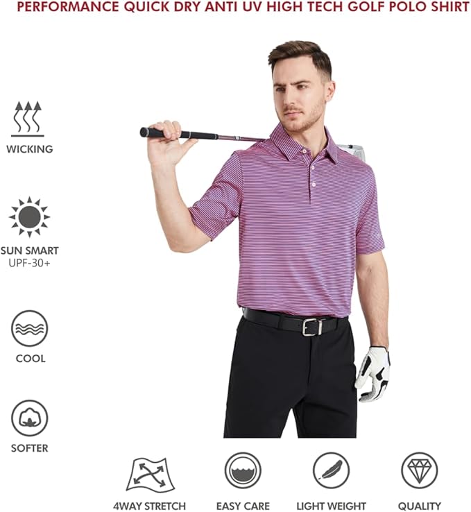 Men's Golf Polo Shirts Short Sleeve Striped Performance Moisture Wicking Dry Fit Golf Shirts for Men