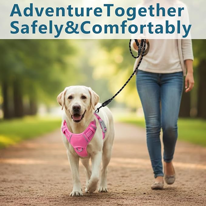 BARKBAY Dog Harness No Pull with ID Tag Pocket - Heavy Duty, Reflective, Easy Control for Large Dogs(Pink,M)