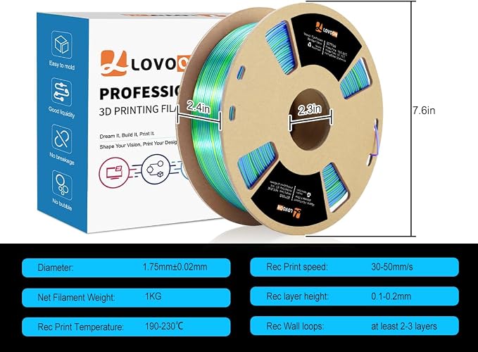 LOVOON 3D Printer Filament, Tricolor PLA Filament 1.75mm Silk Rainbow Filament