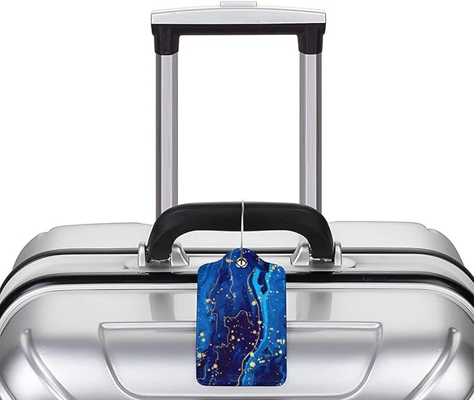 Blue and Gold Marble Luggage Tags with Full Back Privacy Cover Name ID Card Stainless Steel Loop Suitcase Labels Address Card PU Leather Baggage Tags Luggage for Women Men Travel