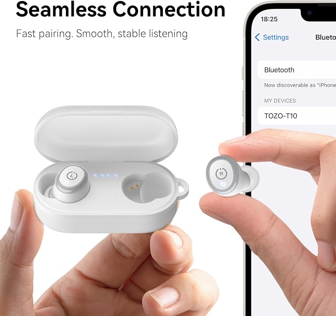 TOZO T10 Wireless Earbuds Powerful Bass Stereo Wireless Charging, APP, IPX8 | Waterproof, 55H Playtime, Ergonomic Design In Ear buds, App Customize EQ, Bluetooth 5.3 Headphones for Work, Travel, White