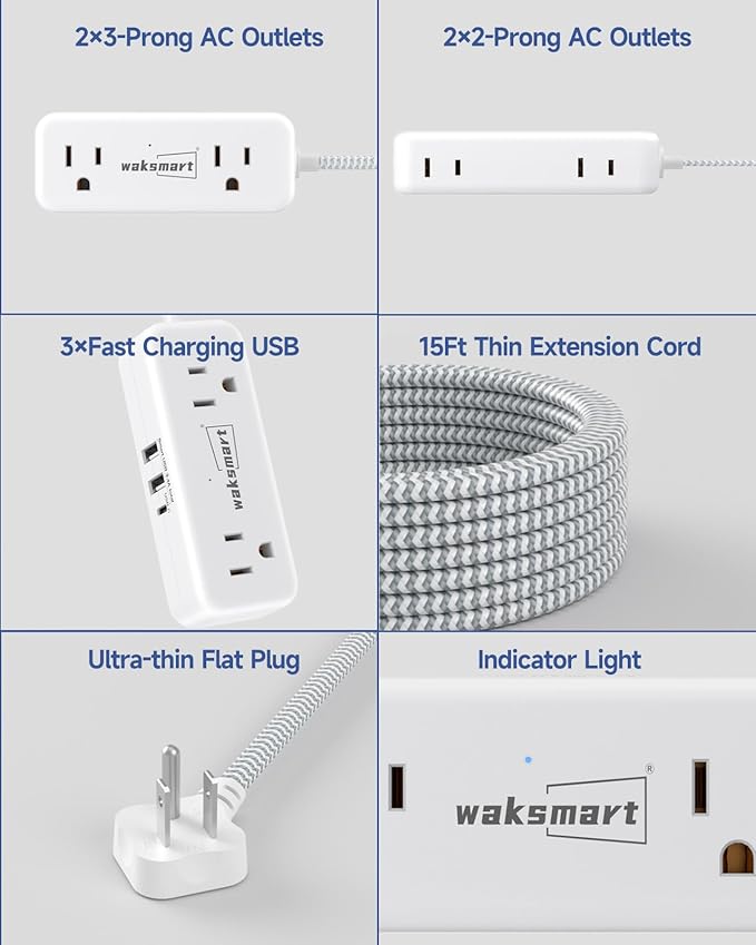Flat Plug Extension Cord 15 Feet with 4 AC Outlets 3 USB Ports (5V/3.4A 17W), 15Ft Long Braided Cord for Home Office Dorm 13A 1625W