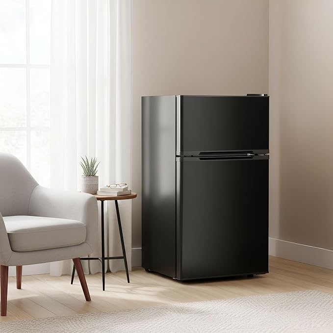 DOGHLY 3.2 Cu.Ft Mini Fridge with Freezer, Double Door Small Refrigerator | Compact Refrigerator with 3 Adjustable Thermostat, Removable Shelf, Low Noise, Small Fridge for Bedroom, Office, Dorm, Black