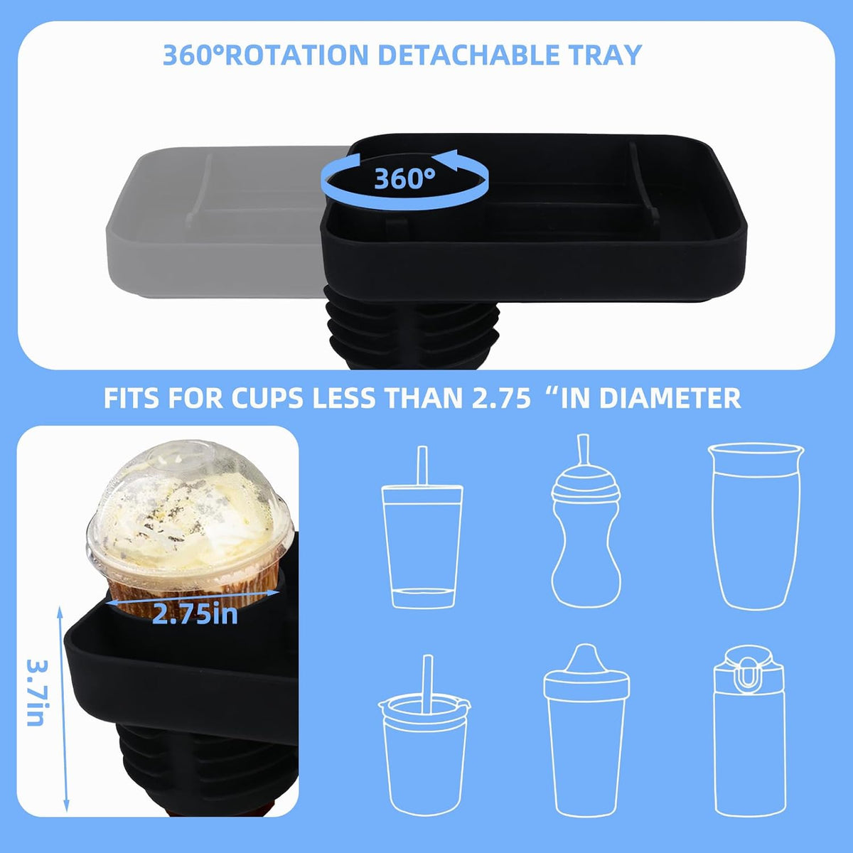Car Cup Holder Tray -Expander- 3 in 1 Detachable Silicone Food Table Tray - Fits Most Car Seats, Road Trip Essentials Accessories Gadgets