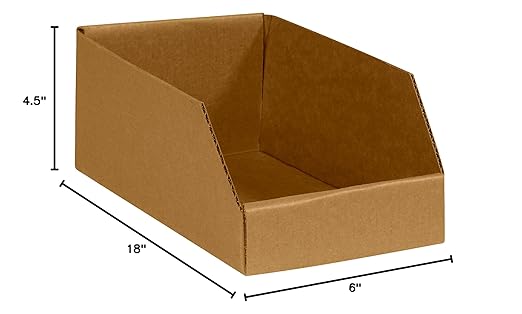 BOX USA BBINBWZ618K Open Top Bin Boxes, 6" x 18" x 4 1/2", Kraft (Pack of 50)