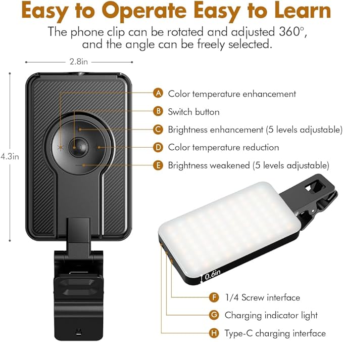 Selfie Light for iPhone, Portable Phone Clip on Light, Rechargeable LED Ring