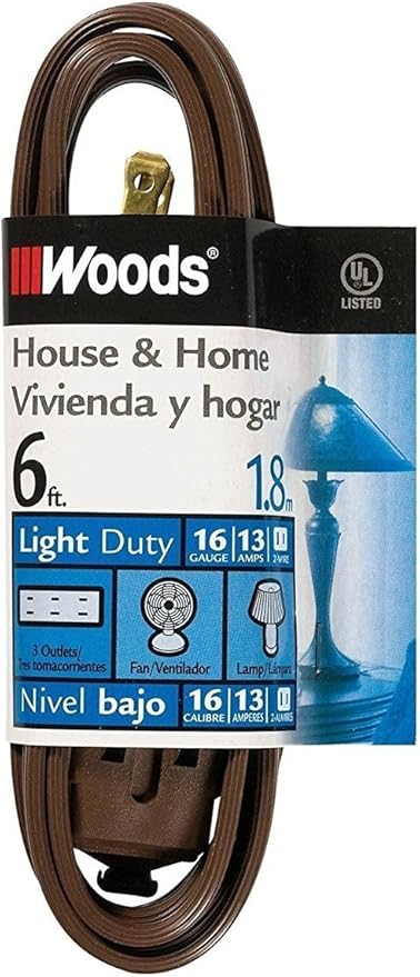 Woods Light Duty Extension Cord, 6Ft, 16 Gauge, SPT-2, 3 Outlet Cube Tap, Indoor Cord, Brown, 0600