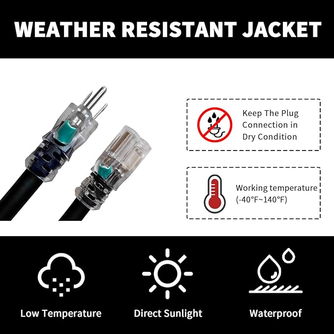 Indoor Outdoor Extension Cord Weatherproof with Lighted End, UL Certified, 16 Gauge 10FT Black 3 Prong Heavy Duty, 16/3 SJTW 13A Power Cord for Outdoor Lights, Lawn