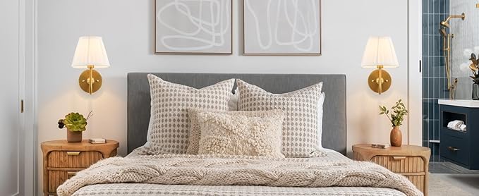 Set of Two Modern Wall Sconces Brass Frabic Wall Lights Contemporary Classic Wall Lamp for Bedside Hallway Vanity Stairway Fireplace Living Room, UL Listed
