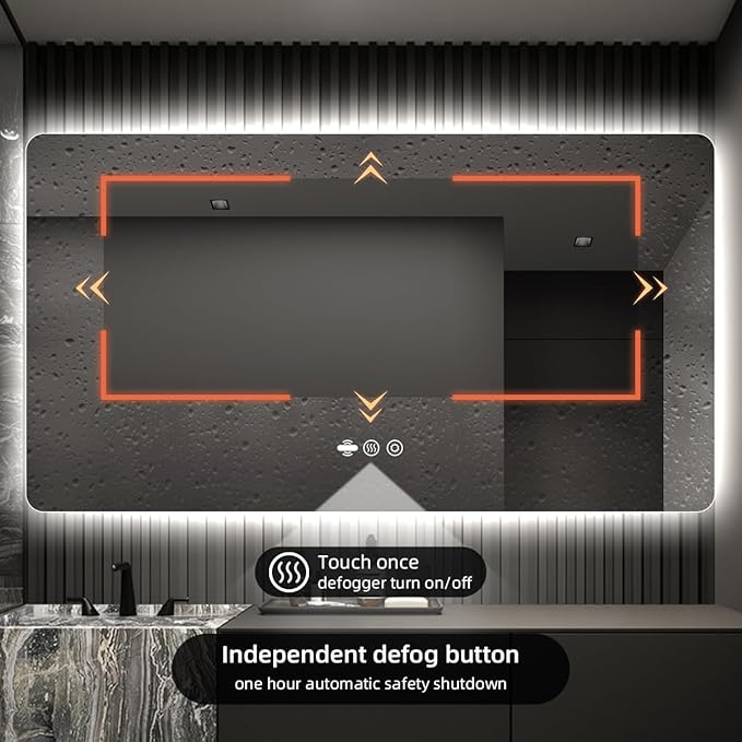 56 x 36 LED Bathroom Mirror, Frameless Rounded Corner Rectangle Backlit Mirror Bathroom, Anti-Fog, 3-Color Stepless Dimmable Lighted Mirror, Motion Sensor Lights, Memory Function