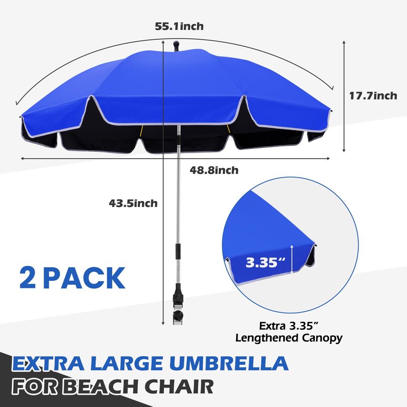 QTREE intelligence 2Pack 48.8 inch Large Beach Umbrella with Clamp Sun Shade for Beach Chair, 360°Adjustable UV Protection Golf Umbrella with Clip for Outdoor Stroller Wheelchair Camping Chair