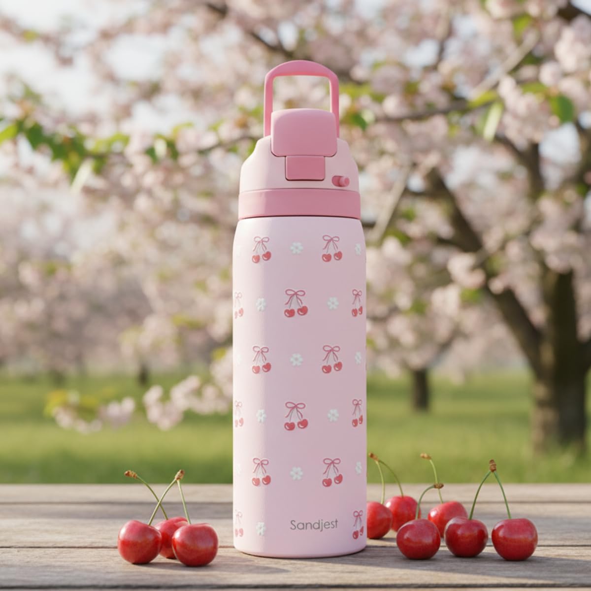 Skiennix Insulated Stainless Steel Water Bottle - 32oz Cherry Color with Straw for Sports & Travel
