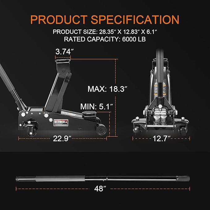 Heavy Duty Hydraulic Floor Jack: Dual Pump Car Jack for Cars, SUVs, Vans, Trucks - 3 Ton (6,000 lb.) Capacity