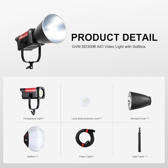 GVM 300W Video Light Kit with Lantern Softbox, SD300B AIO Photography Light